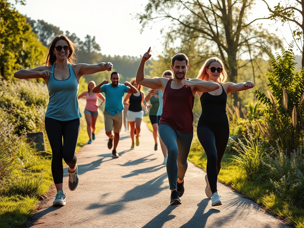A serene outdoor scene with diverse people powerwalking energetically on a sunlit path, focusing on posture and arm movement, surrounded by lush greenery and soft sunlight.