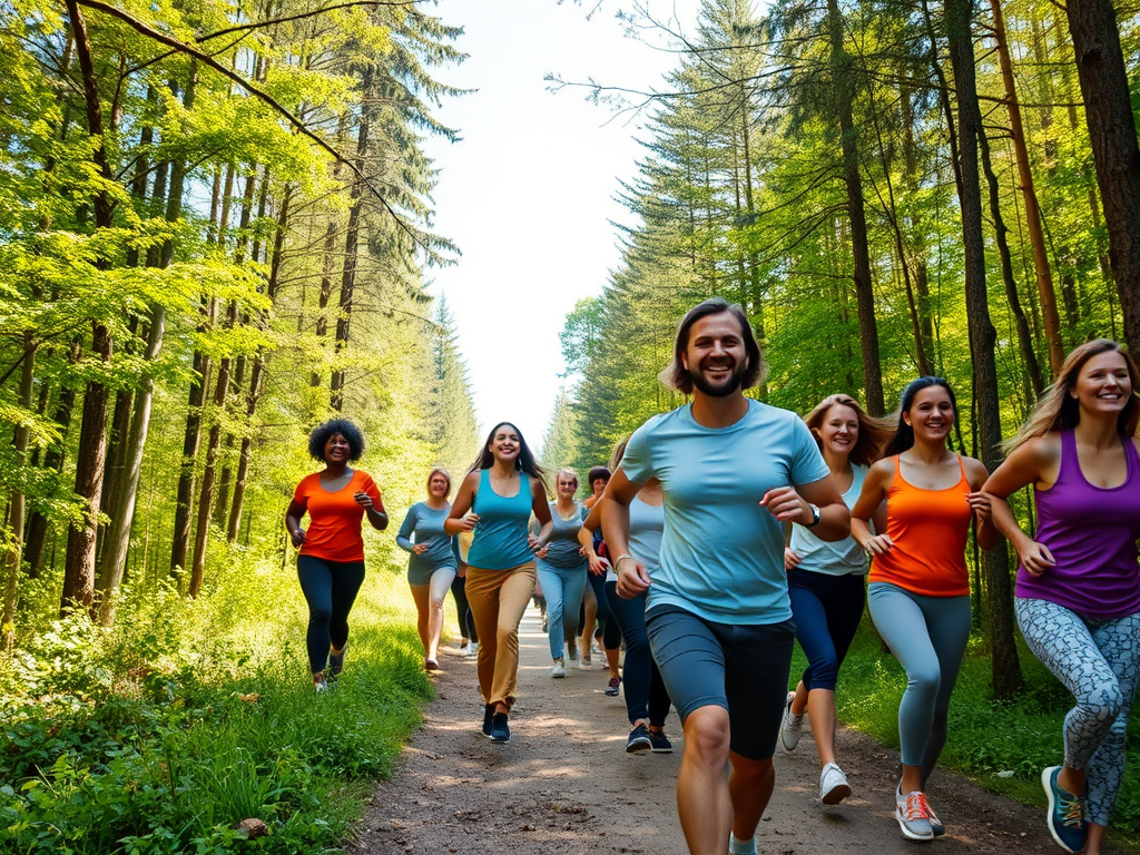 "group of diverse people powerwalking energetically" "sunlit forest trail" "smiling instructor giving tips" "clear skies and vibrant greenery" "dynamic movement and positive energy"