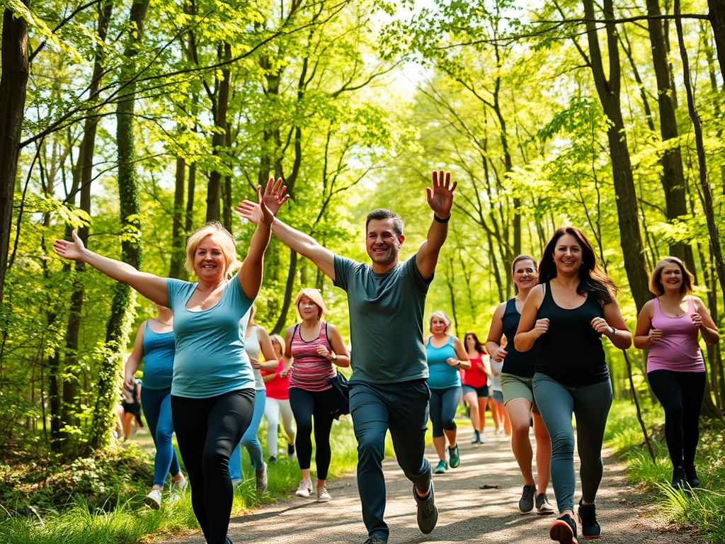 "A diverse group powerwalking energetically on a sunny forest trail" "instructor demonstrating arm technique" "people stretching and warming up" "vibrant nature with green trees and sunlight filtering through" "expressions of focus and enjoyment"