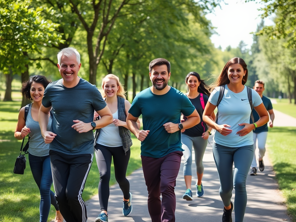 "a diverse group of energetic people powerwalking outdoors" "bright sunny day" "green park with trees and a clear path" "smiling faces showing motivation and confidence" "dynamic trainers encouraging participants"