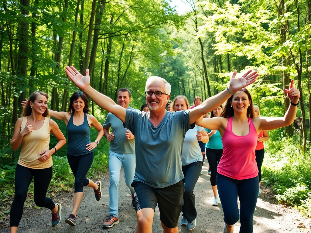 "A diverse group powerwalking energetically on a sunny forest trail" "instructor demonstrating arm technique" "people stretching and warming up" "vibrant nature with green trees and sunlight filtering through" "expressions of focus and enjoyment"