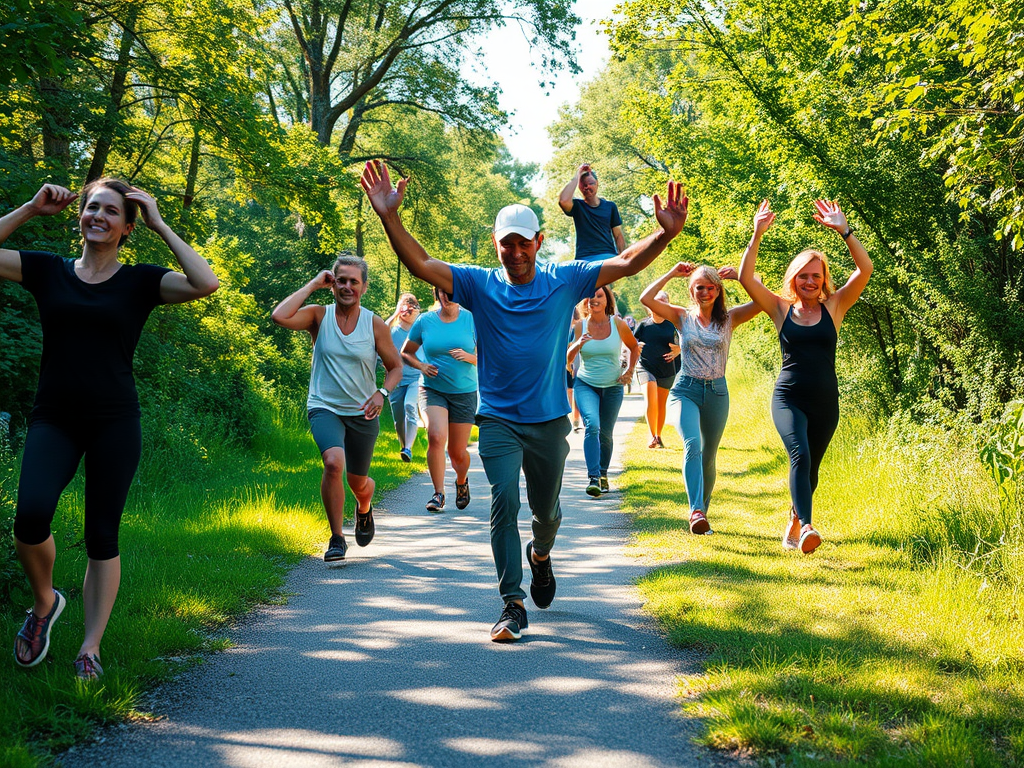 A serene outdoor scene with diverse people powerwalking energetically on a sunlit path, focusing on posture and arm movement, surrounded by lush greenery and soft sunlight.