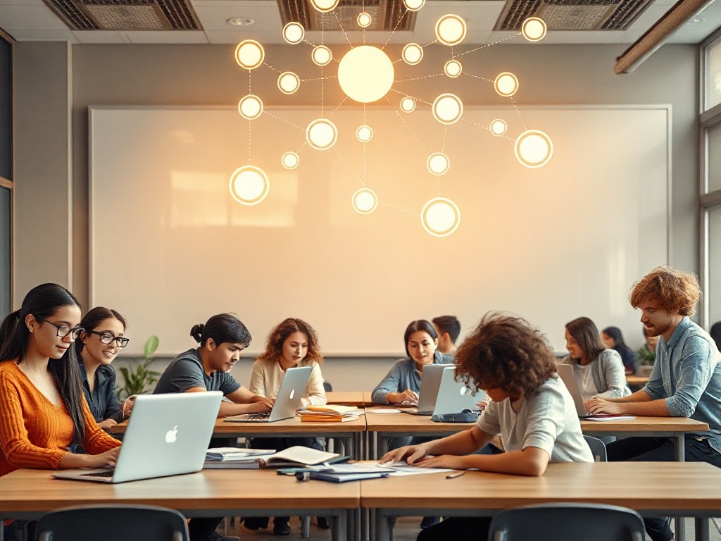 A welcoming classroom scene, diverse educators at laptops, glowing network of icons above, students collaborating, warm uplifting lighting, dynamic motion, hopeful.