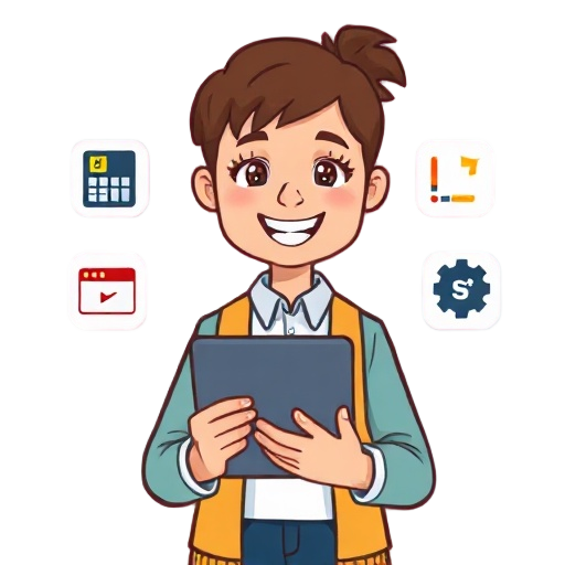"a friendly educator" holding a "tablet" showing "four simple tool symbols" around it for "chat", "tutoring", "writing", and "coding" with "spark" icons, indicating "quick hands-on training" and "practical integration" for education, clean shapes, thick o