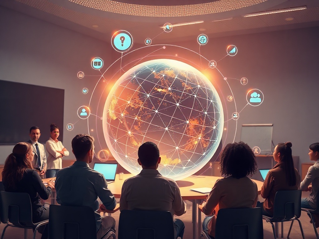 Futuristic classroom scene with educators around a luminous digital globe, floating learning icons, varied diverse students silhouettes, subtle circuit patterns, warm hopeful light, modern.