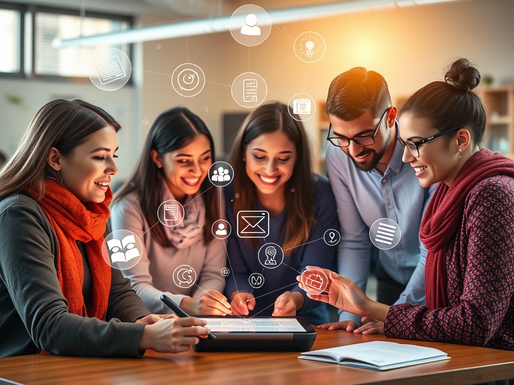 "A diverse educators’ team collaborating around a glowing tablet, swirling icons of lesson planning, feedback, and AI tools, warm inviting light, modern classroom."