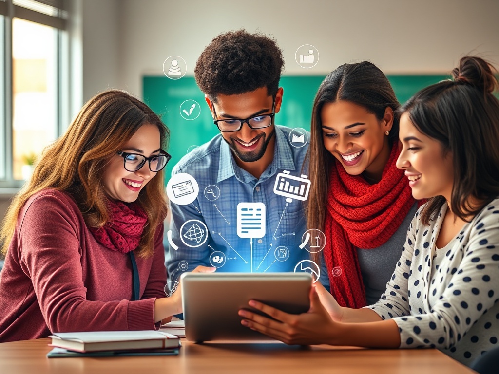 "A diverse educators’ team collaborating around a glowing tablet, swirling icons of lesson planning, feedback, and AI tools, warm inviting light, modern classroom."