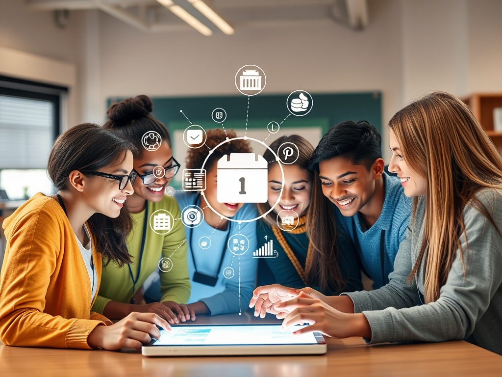 "A diverse educators’ team collaborating around a glowing tablet, swirling icons of lesson planning, feedback, and AI tools, warm inviting light, modern classroom."
