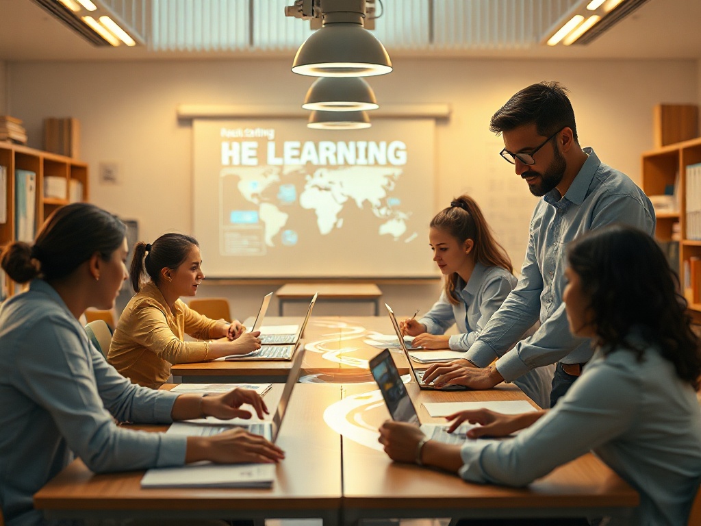 Bright modern classroom scene with educators collaborating around a glowing holographic learning path, showing AI-assisted planning, evaluation, and lesson design visuals, warm welcoming light.