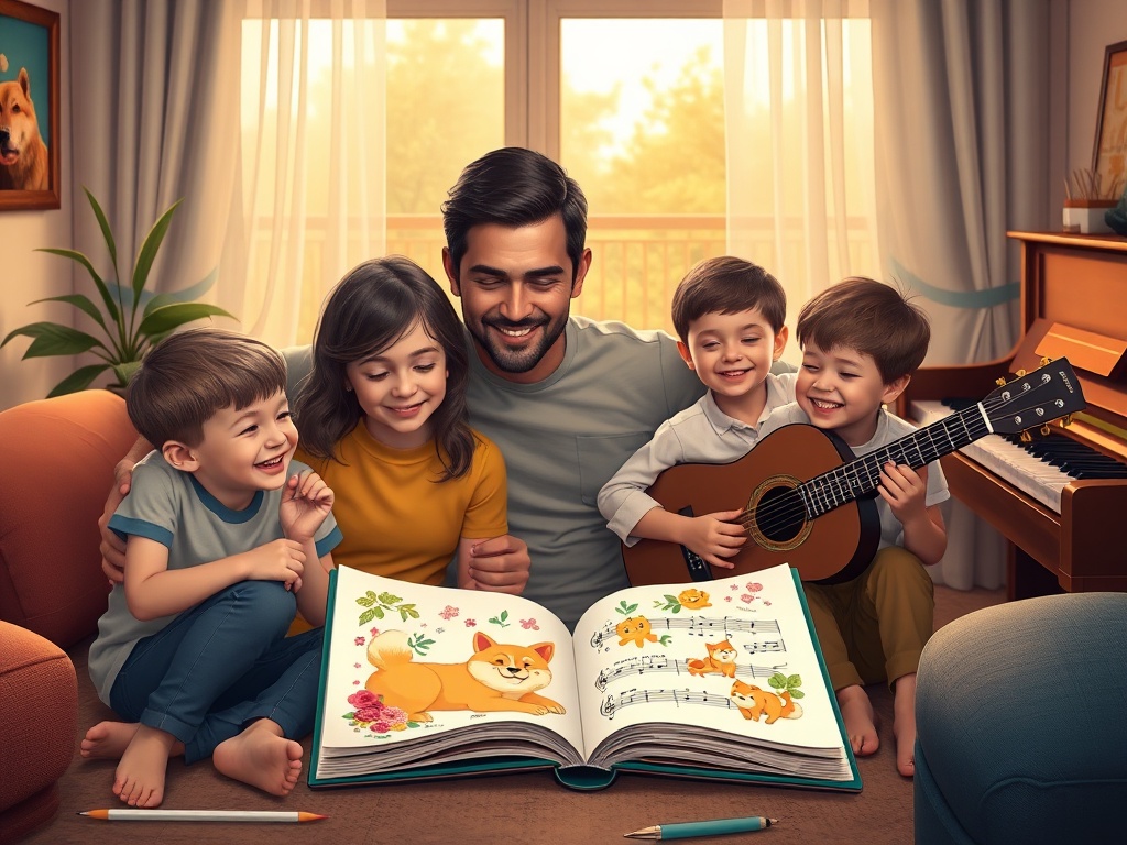 A cozy living room scene with a smiling parent and children surrounding an open colorful music book, friendly shiba-themed illustrations, sheet music, guitar and piano, warm evening light.