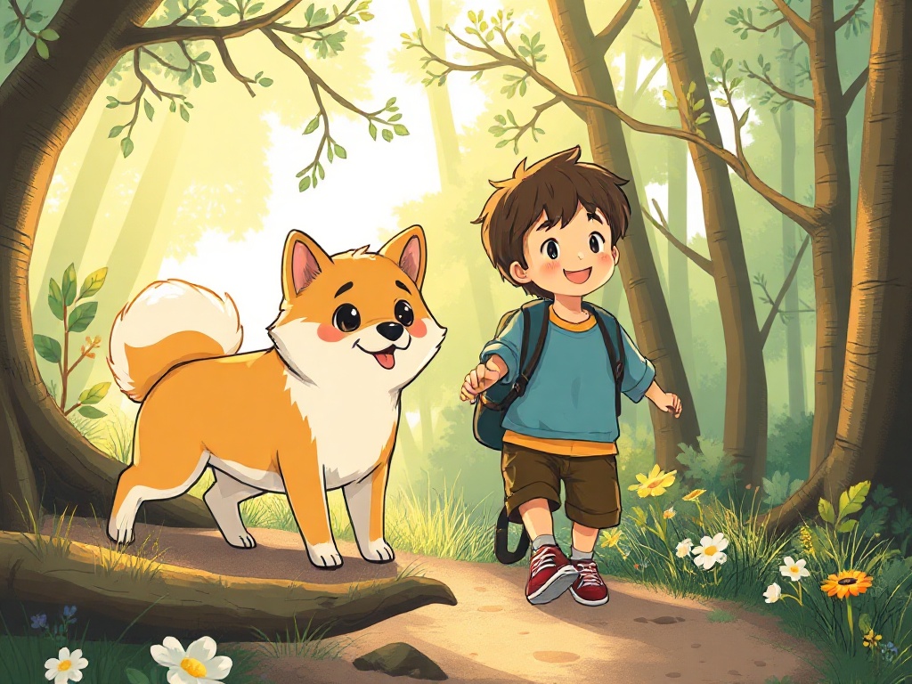 Warm illustration of Yuki, small Shiba Inu, and Tom, smiling child, exploring a sunny forest path together, conveying friendship, teamwork, inspiration, playful learning