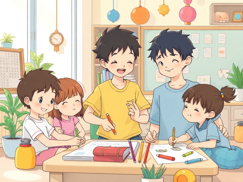 "A playful scene of Yuki and Tom-inspired children coloring; 24 pages unfolding like a gentle, informative journey, soft sunlight, cozy classroom, diverse kids, pastel palette"