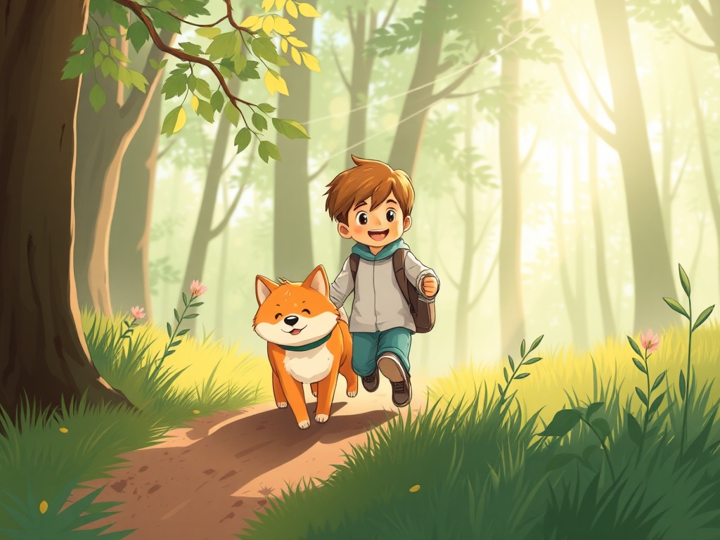Warm illustration of Yuki, small Shiba Inu, and Tom, smiling child, exploring a sunny forest path together, conveying friendship, teamwork, inspiration, playful learning