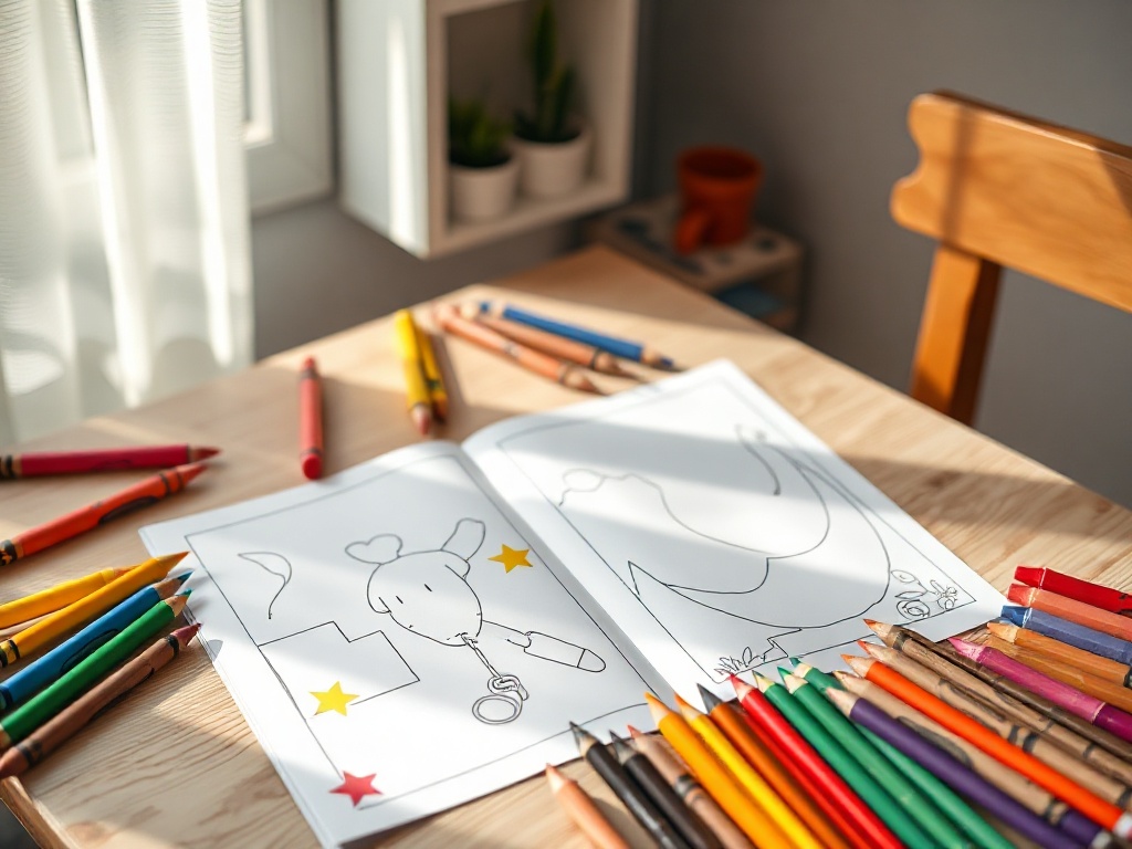 Cozy kids drawing table, open coloring book pages with blank outlines, colorful crayons scattered, warm daylight, calm offline atmosphere, focus and creativity, 24-page vibe"
