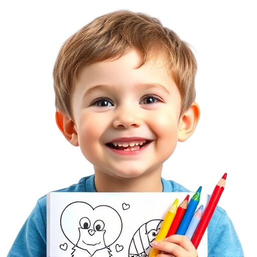 "smiling child" "holding a coloring book" "crayons in hand" with a white background looking like