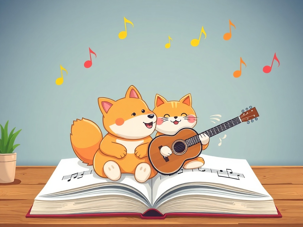 "A cheerful open music book" "four colorful musical scenes" "a friendly shiba dog and cat duo playing" "simple and advanced piano/guitar score cards" "home and classroom vibe"