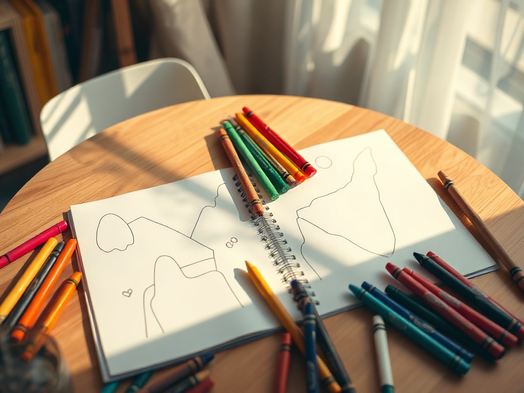 Cozy kids drawing table, open coloring book pages with blank outlines, colorful crayons scattered, warm daylight, calm offline atmosphere, focus and creativity, 24-page vibe"