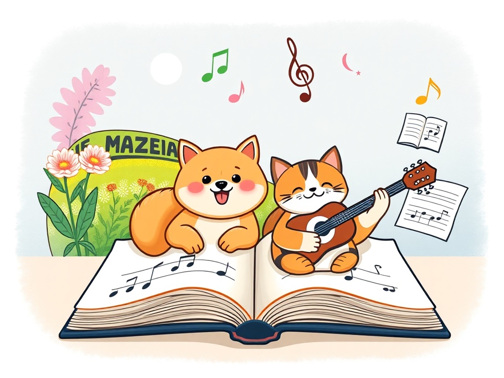 "A cheerful open music book" "four colorful musical scenes" "a friendly shiba dog and cat duo playing" "simple and advanced piano/guitar score cards" "home and classroom vibe"
