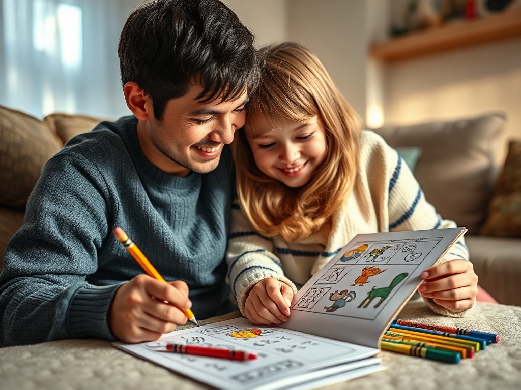 Cozy living room scene, child coloring an activity book with pencil crayons, parent smiling nearby, warm light, calm hands close-up, offline creative moment"