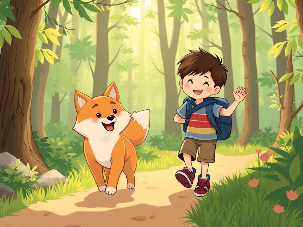 Warm illustration of Yuki, small Shiba Inu, and Tom, smiling child, exploring a sunny forest path together, conveying friendship, teamwork, inspiration, playful learning