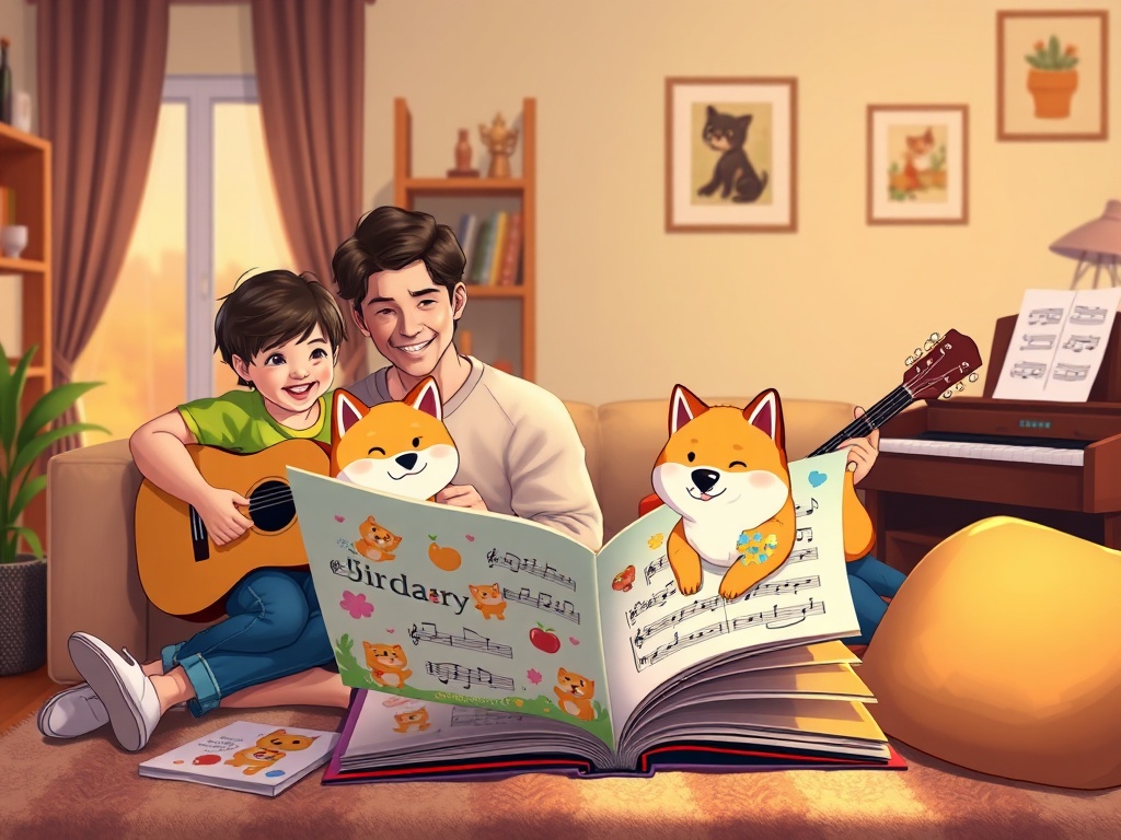 A cozy living room scene with a smiling parent and children surrounding an open colorful music book, friendly shiba-themed illustrations, sheet music, guitar and piano, warm evening light.