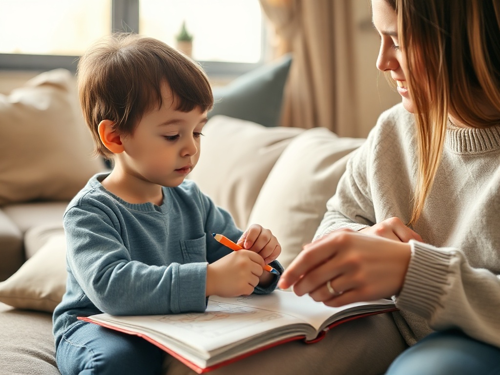Cozy living room scene, child coloring an activity book with pencil crayons, parent smiling nearby, warm light, calm hands close-up, offline creative moment"
