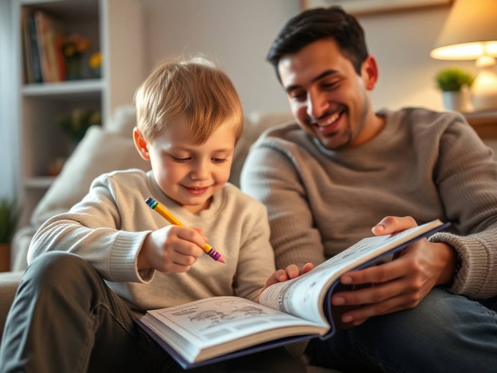Cozy living room scene, child coloring an activity book with pencil crayons, parent smiling nearby, warm light, calm hands close-up, offline creative moment"