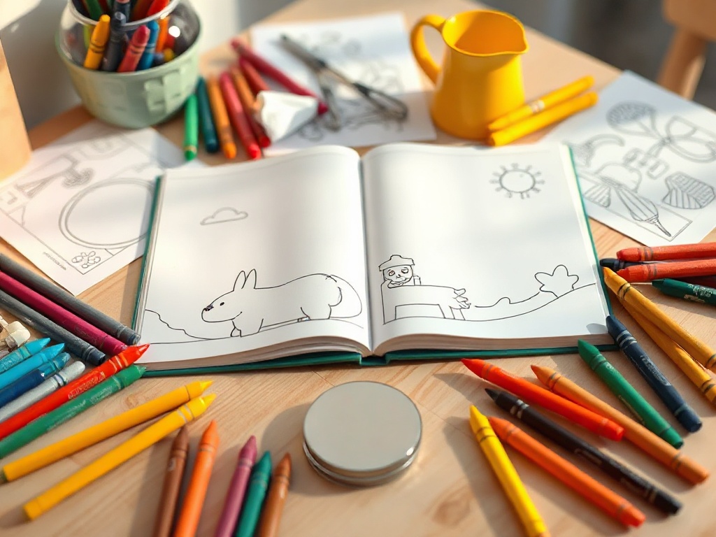 Cozy kids drawing table, open coloring book pages with blank outlines, colorful crayons scattered, warm daylight, calm offline atmosphere, focus and creativity, 24-page vibe"