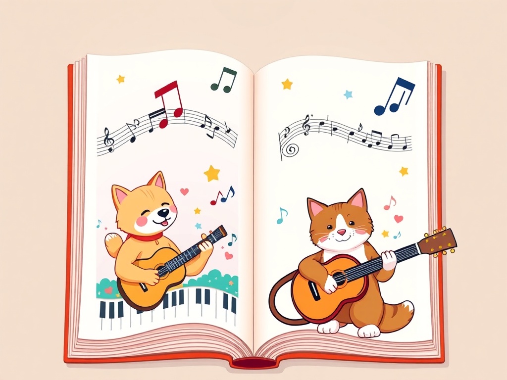 "A cheerful open music book" "four colorful musical scenes" "a friendly shiba dog and cat duo playing" "simple and advanced piano/guitar score cards" "home and classroom vibe"
