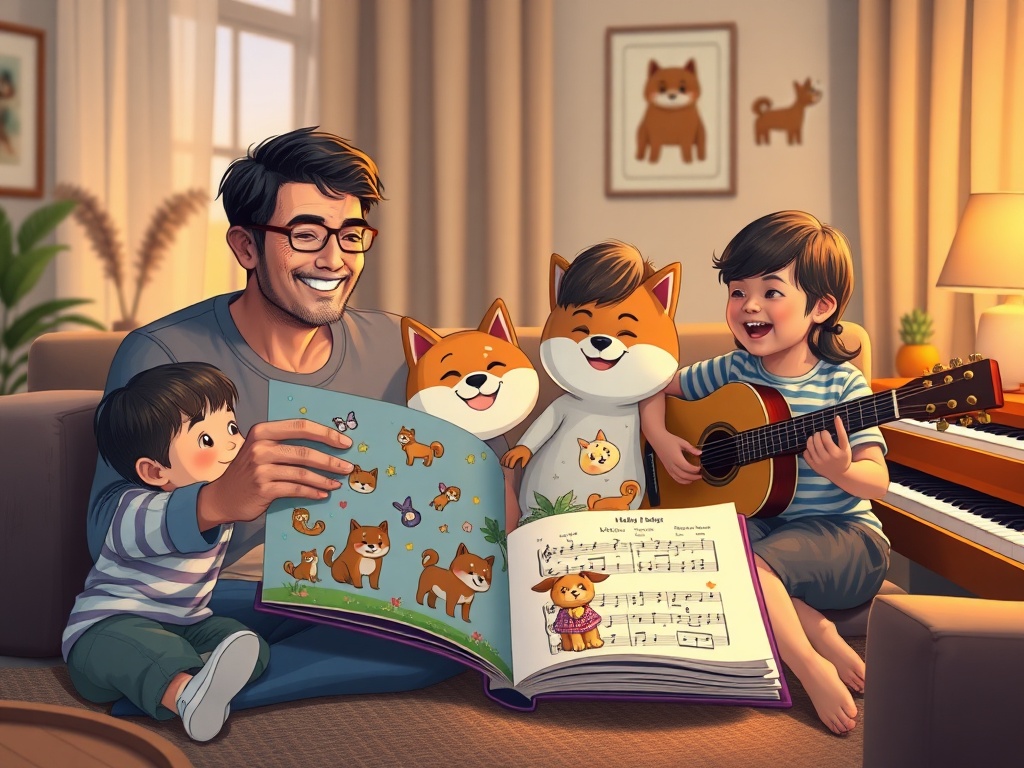 A cozy living room scene with a smiling parent and children surrounding an open colorful music book, friendly shiba-themed illustrations, sheet music, guitar and piano, warm evening light.