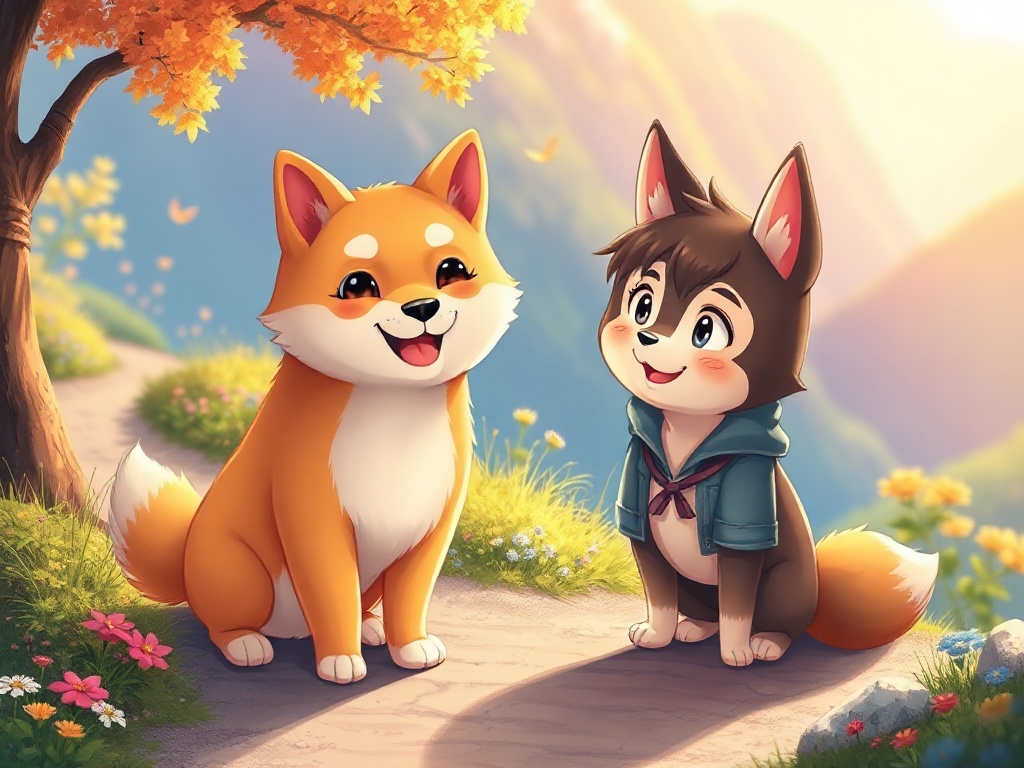 Warm children’s illustration, “Yuki the small Shiba Inu” and “Tom” smiling together beside a winding path, colorful nature, gentle adventure mood, soft light, bright colors