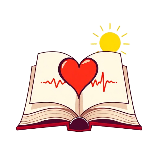 Carefully describe an image in great detail that needs to be generate, use quotes to split visual things. "open book" "sun energy" "check marks" "heart pulse"