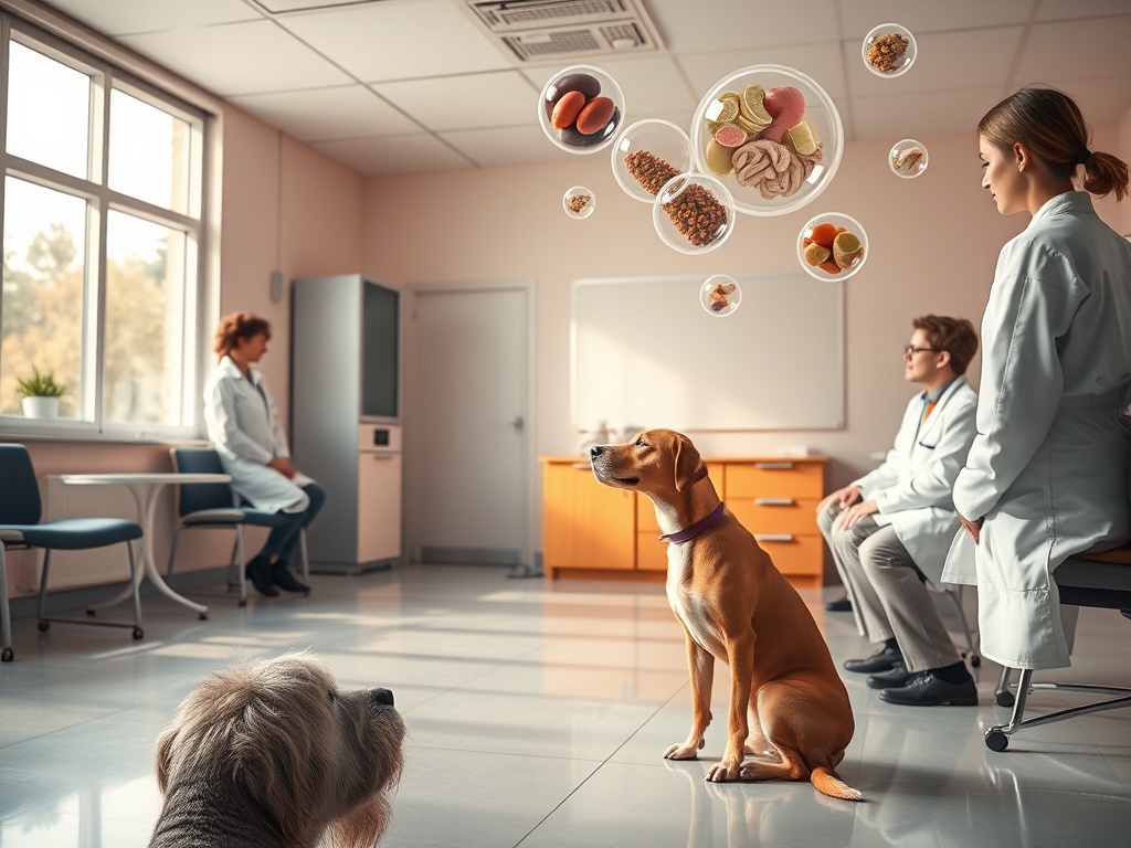 "A serene training room with a dog and professionals observing, vibrant colors, subtle digestive-neural symbolism, ingredients floating as gentle orbs, warm lighting, calm focus."