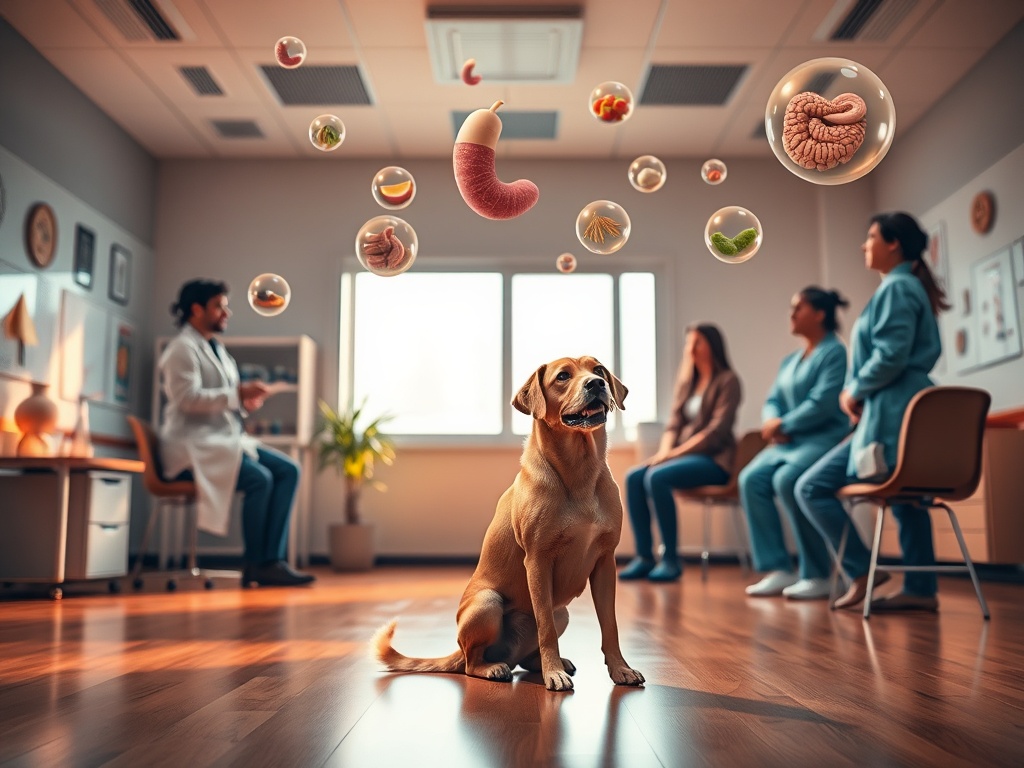 "A serene training room with a dog and professionals observing, vibrant colors, subtle digestive-neural symbolism, ingredients floating as gentle orbs, warm lighting, calm focus."