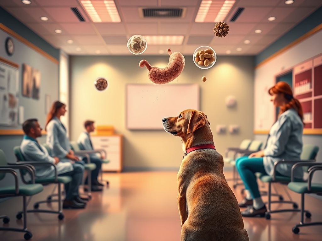 "A serene training room with a dog and professionals observing, vibrant colors, subtle digestive-neural symbolism, ingredients floating as gentle orbs, warm lighting, calm focus."