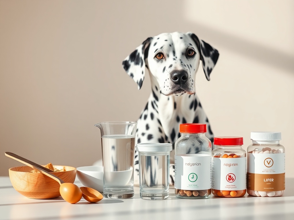 A calm Dalmatian beside a nutrition guide-like layout of bowls and measuring spoons, water glass, supplement jars, icons as simple shapes, warm natural light.