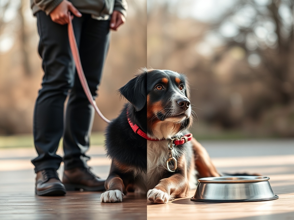 "calm dog beside attentive trainer" "split scene of training leash and quiet rest" "fresh food bowl" "subtle 7-step circles" "warm natural light"