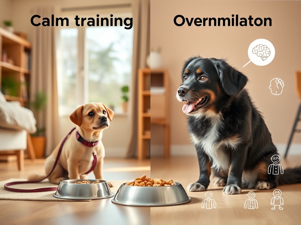 Split scene into "calm training" and "overstimulated dog"; warm home interior; visible leash and treats; gentle food bowl; soft brain/body icons, no words.