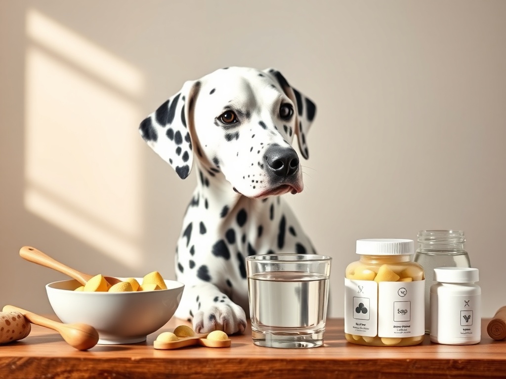 A calm Dalmatian beside a nutrition guide-like layout of bowls and measuring spoons, water glass, supplement jars, icons as simple shapes, warm natural light.