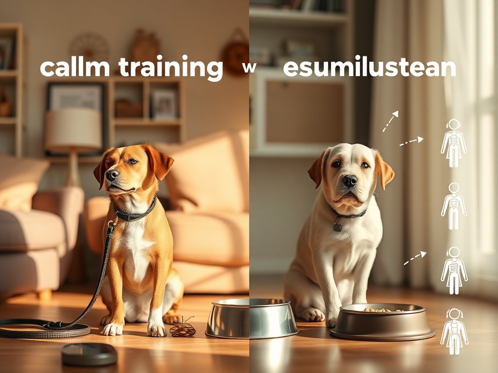 Split scene into "calm training" and "overstimulated dog"; warm home interior; visible leash and treats; gentle food bowl; soft brain/body icons, no words.