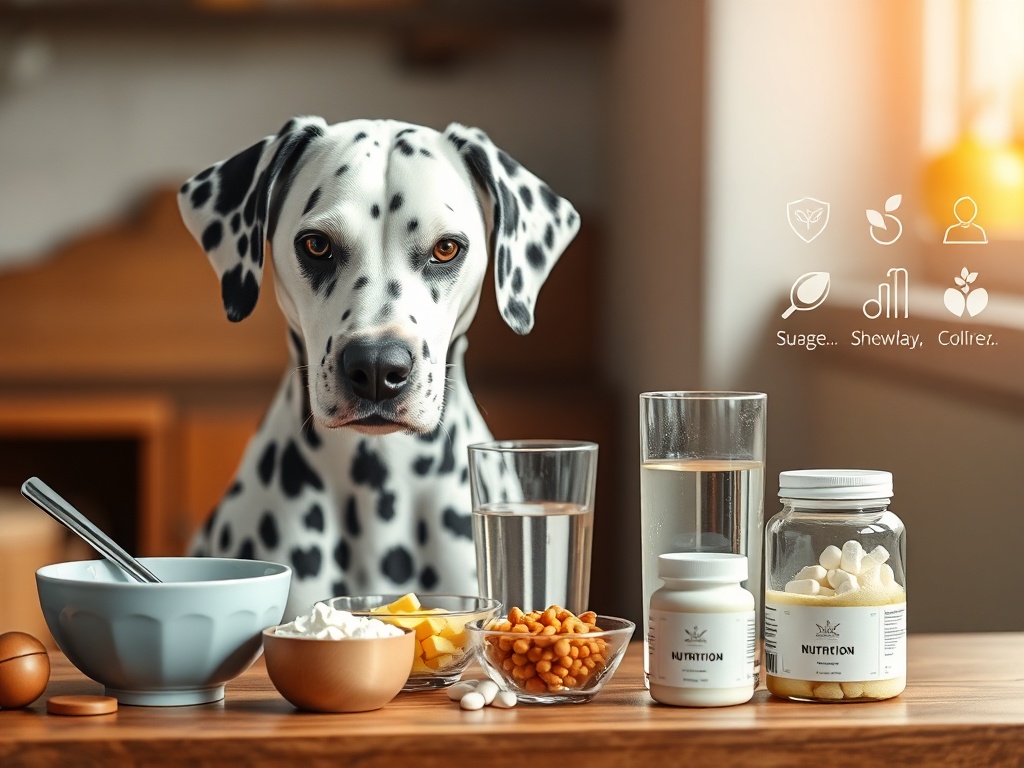 A calm Dalmatian beside a nutrition guide-like layout of bowls and measuring spoons, water glass, supplement jars, icons as simple shapes, warm natural light.