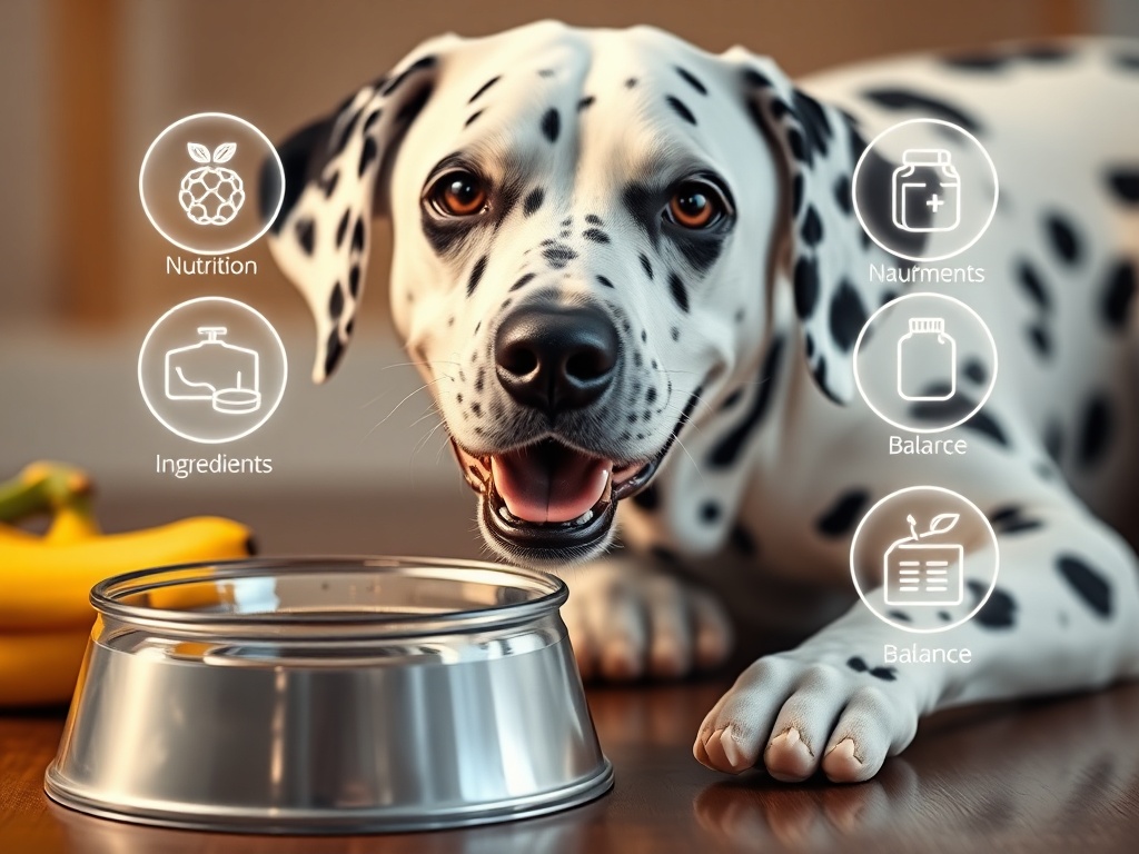 "Close-up of a happy dalmatian beside water bowl and fresh food, with glowing icons for nutrition, ingredients, supplements, and balance, warm educational lighting." " "