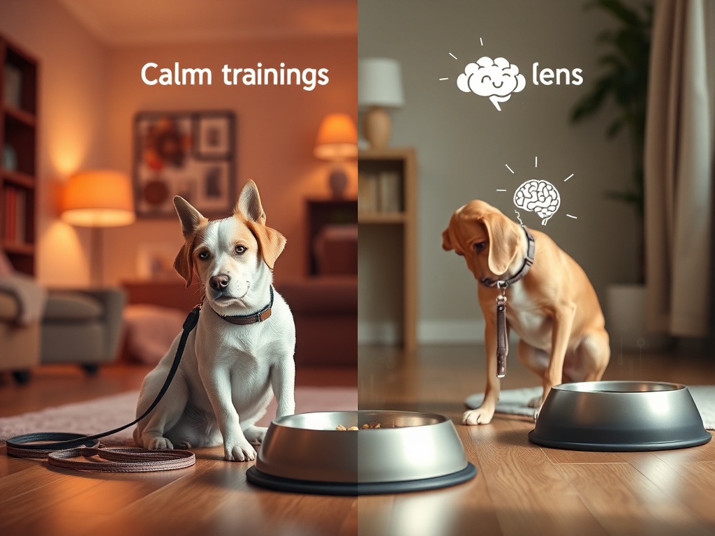Split scene into "calm training" and "overstimulated dog"; warm home interior; visible leash and treats; gentle food bowl; soft brain/body icons, no words.