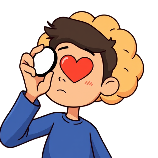 Persoon onderzoekt gedachten en hartsymbol.