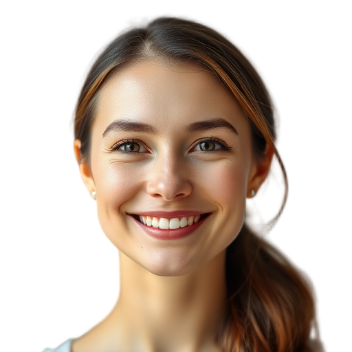 Vrouw met glimlach, natuurlijke belichting, rustige uitdrukking.