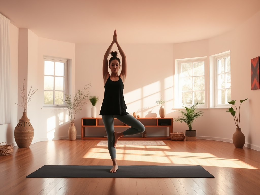 Kalmige vrouw in yoga-zaal met natuurlijke lichtinval en minimalistisch decor.