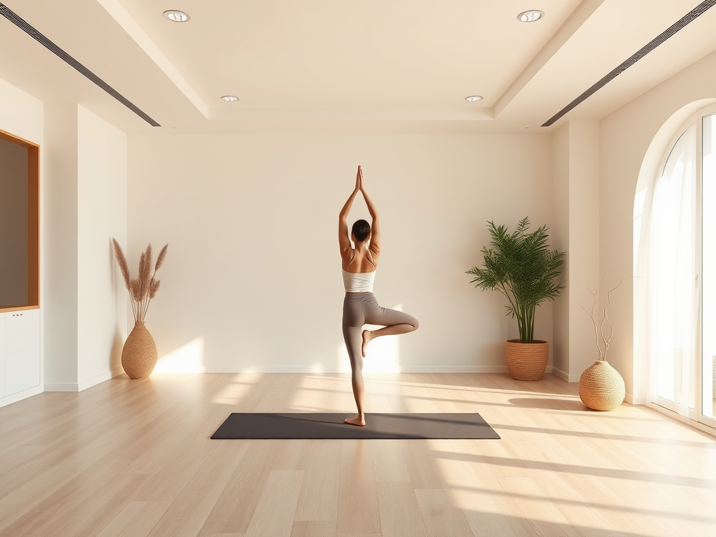 Rustig yoga studio met persoon in boomhouding, zachte verlichting, rustgevende kleuren