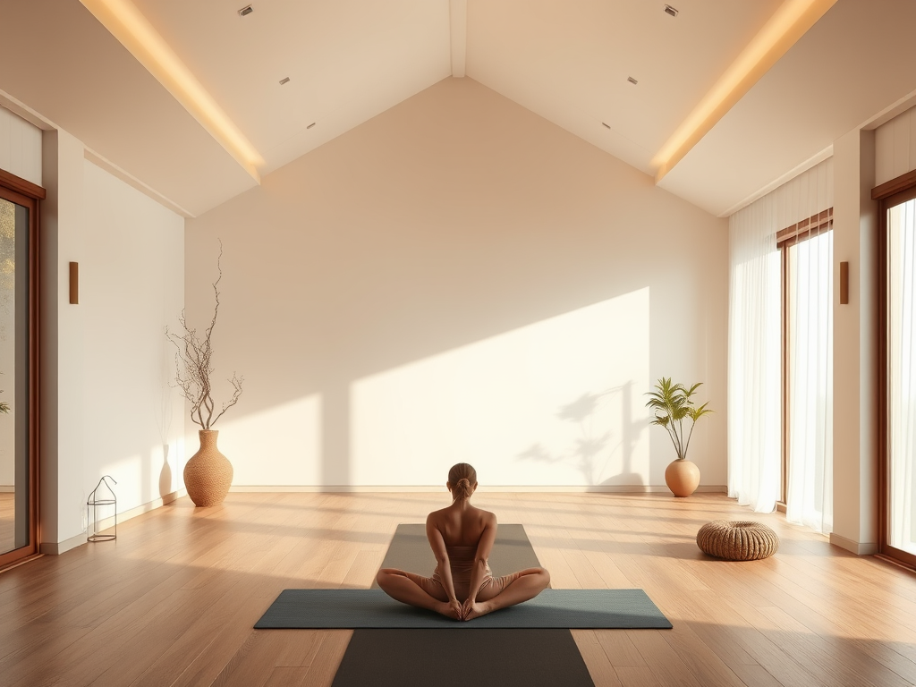 Rustige yoga studio met persoon in balanshouding, zachte verlichting, natuurlijke kleuren.