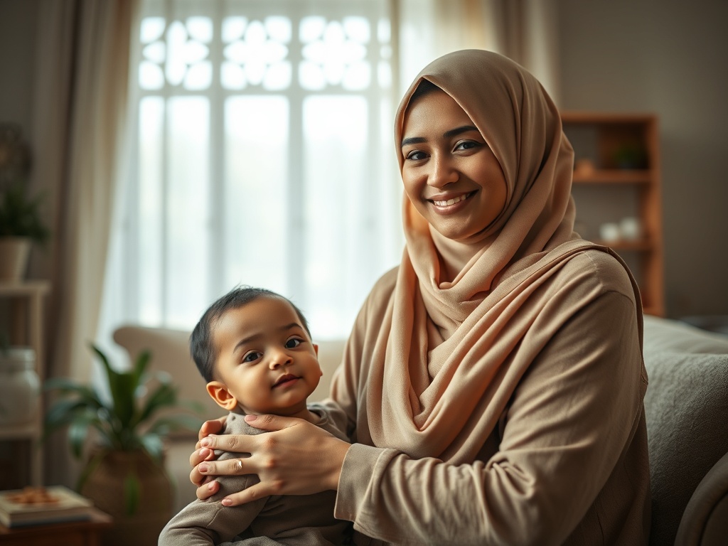 Serene Muslim mother educator in cozy home, soft hijab, warm smile, calm posture beside child, gentle hands, arabesque light patterns, muted earth tones, peaceful atmosphere"