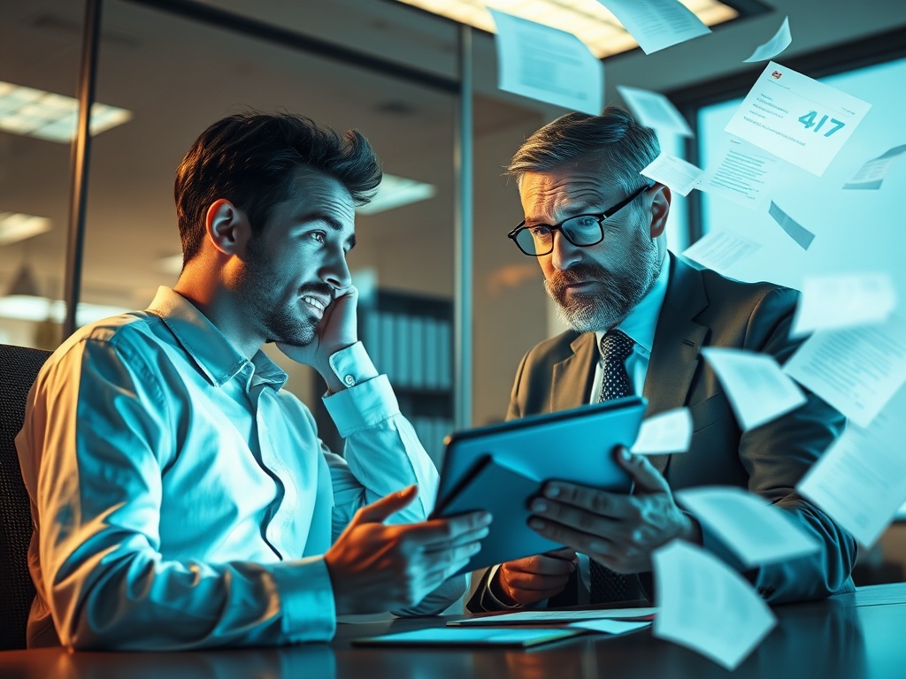 A stressed person in a bright office, receiving rapid legal guidance from a calm jurist via glowing tablet, “24/7” urgency mood, abstract contract papers swirling. You MUST not include ANY brand images or logos. You may ONLY reply with the format give